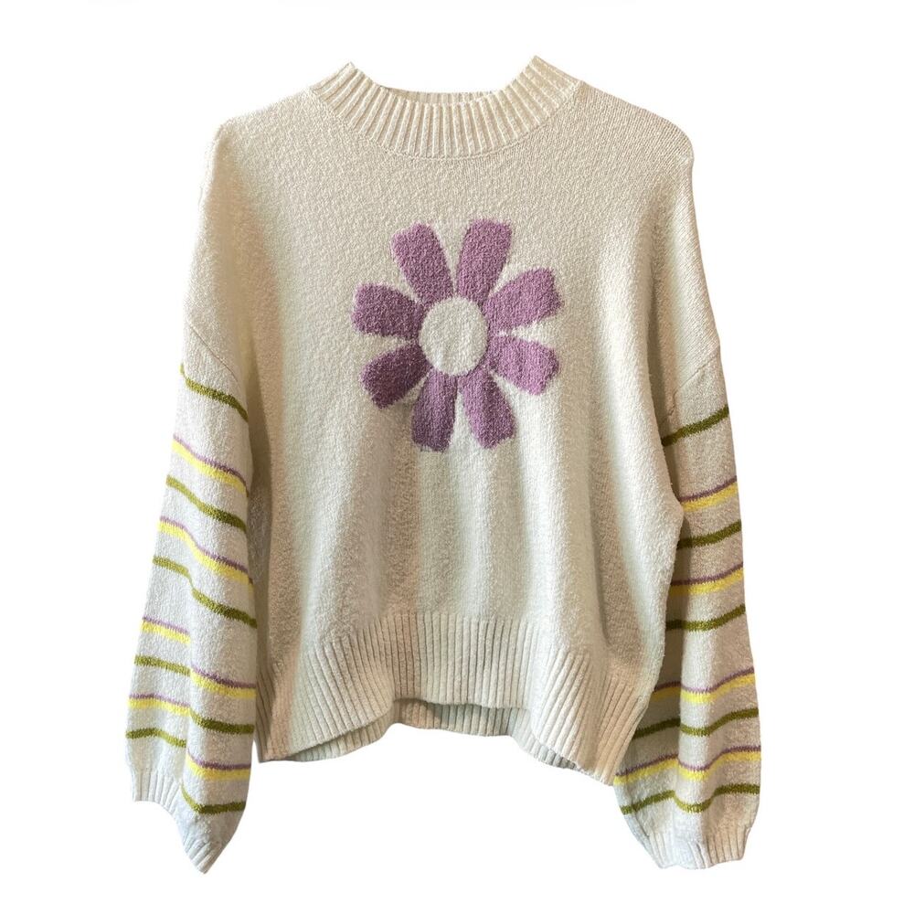 Retro Daisy Soft Knit Sweater Cream Striped Sleeve Oversized Pullover Medium